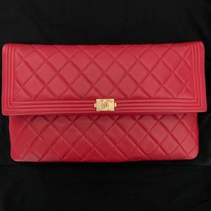 Chanel Red Quilted Lambskin Boy Fold Over Clutch